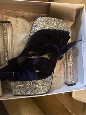 Cape Robbin Navy Velvet Platform Sandals with Silver Glitter Heel